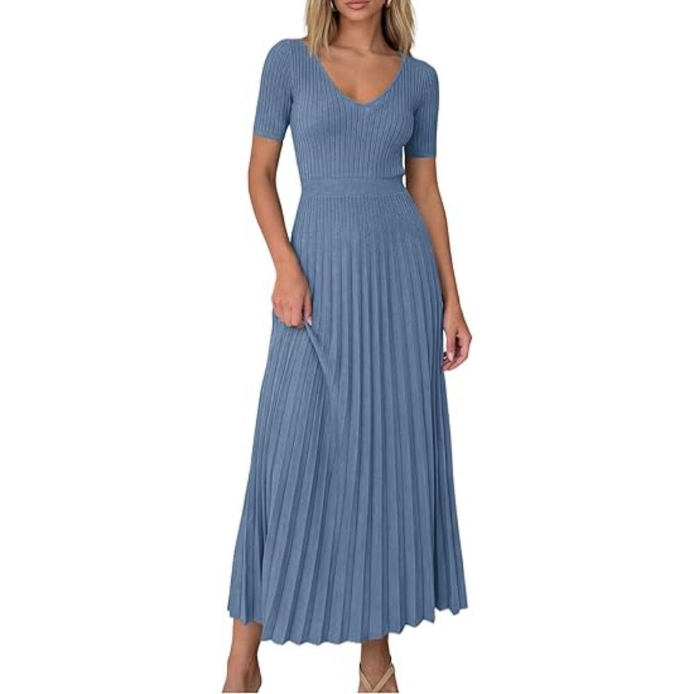 Women's Dusty Blue Viscose V Neck Short Sleeve A Line Summer Casual Midi Dress